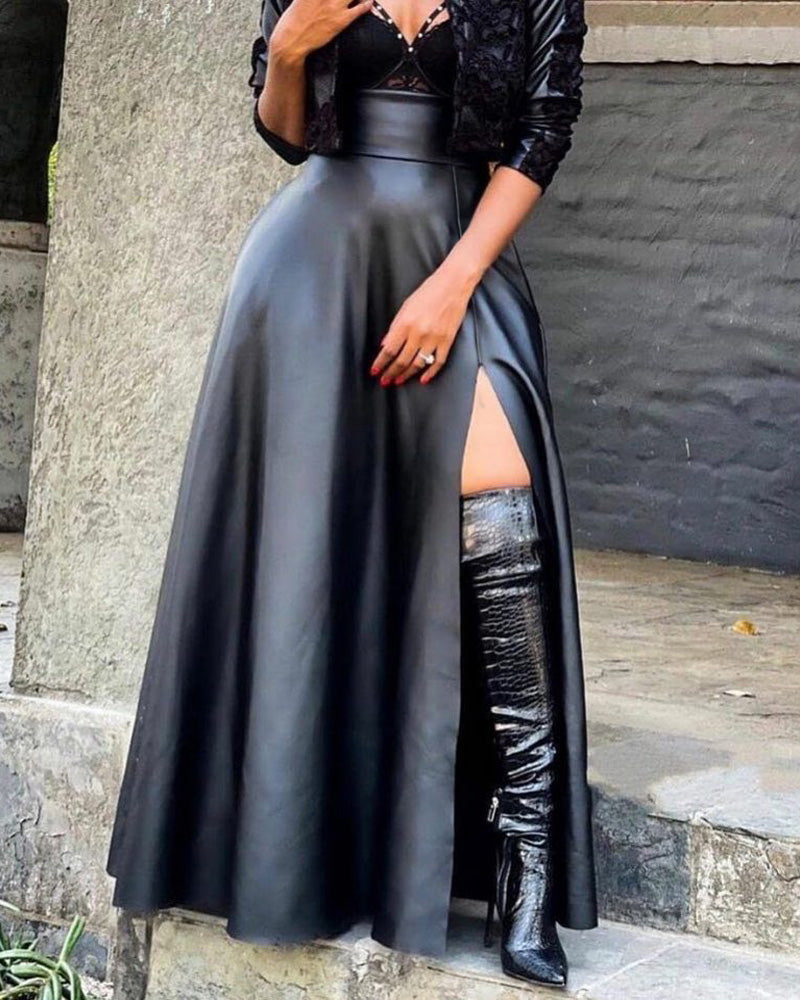 PEEK A BOO FAUX LEATHER SKIRT