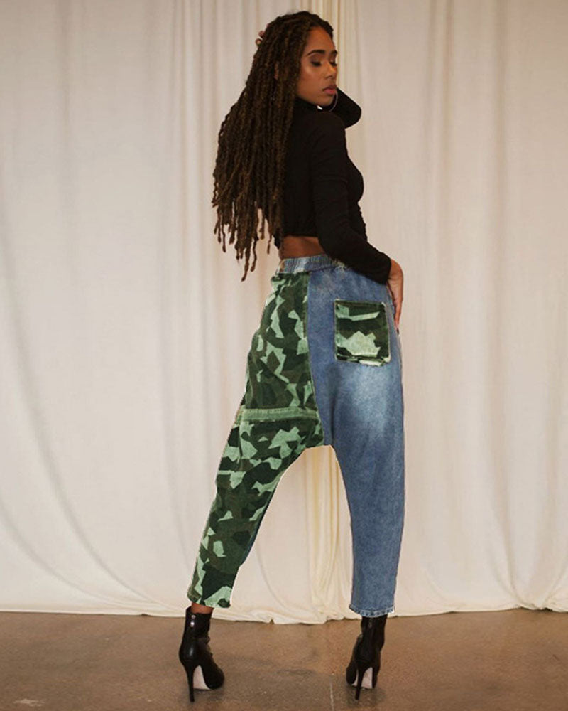 CAMOUFLAGE PATCHWORK DENIM HAREM PANTS