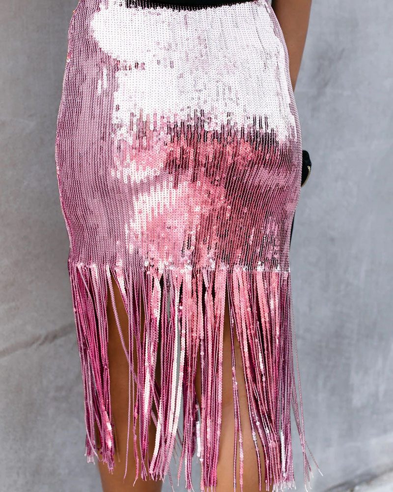 Sequined high waist fringed skirt