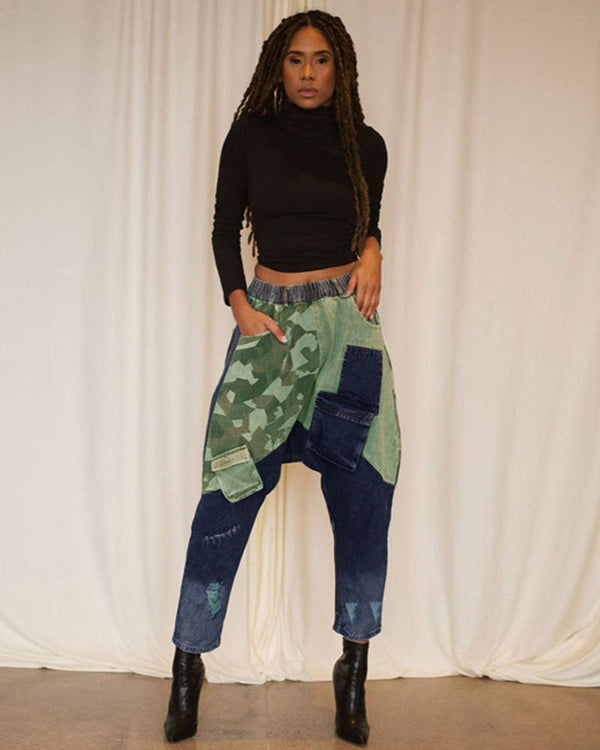 CAMOUFLAGE PATCHWORK DENIM HAREM PANTS