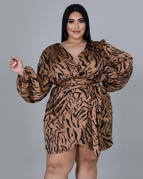 PLUS FAUX WRAP MINI DRESS (CHEETAH PRINT)