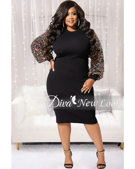 Plus Size Sequin Multi Color Puffy Sleeve BodyCon Dress